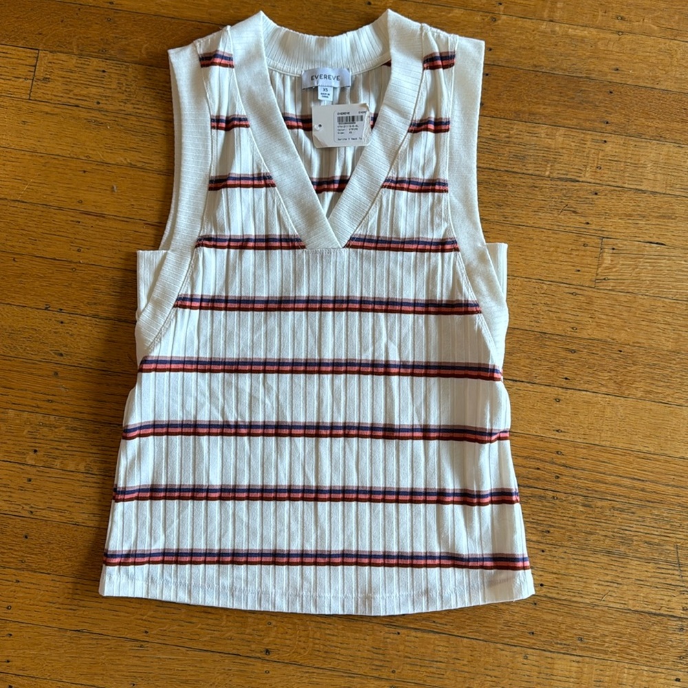 Evereve White Ribbed V-Neck Tank with Red & Navy Stripes